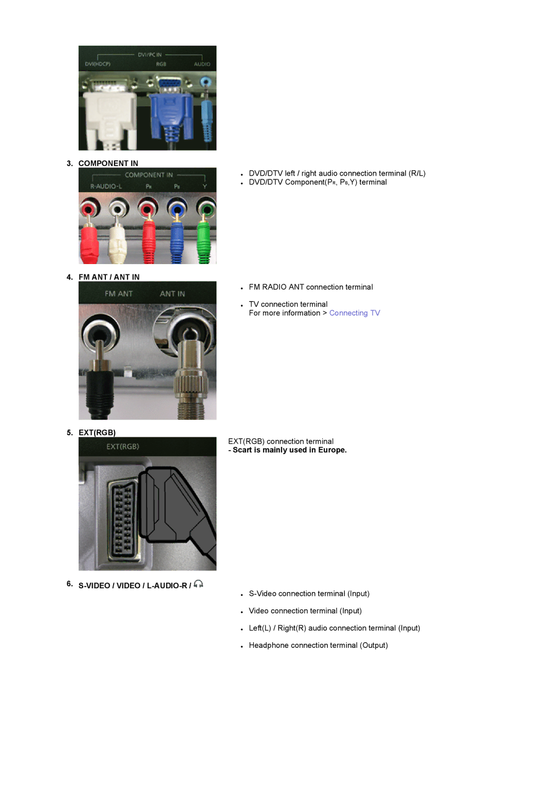 Samsung LS19RTUSS/EDC manual Component, Fm Ant / Ant, Extrgb, Scart is mainly used in Europe, Video / Video / L-AUDIO-R 