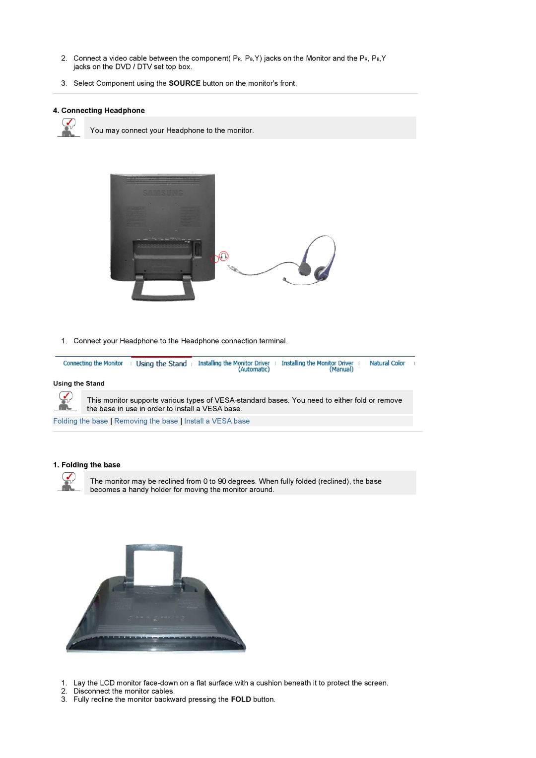 Samsung LS19RTUSS/EDC, LS19RTUSS/XSG manual Connecting Headphone, Folding the base 