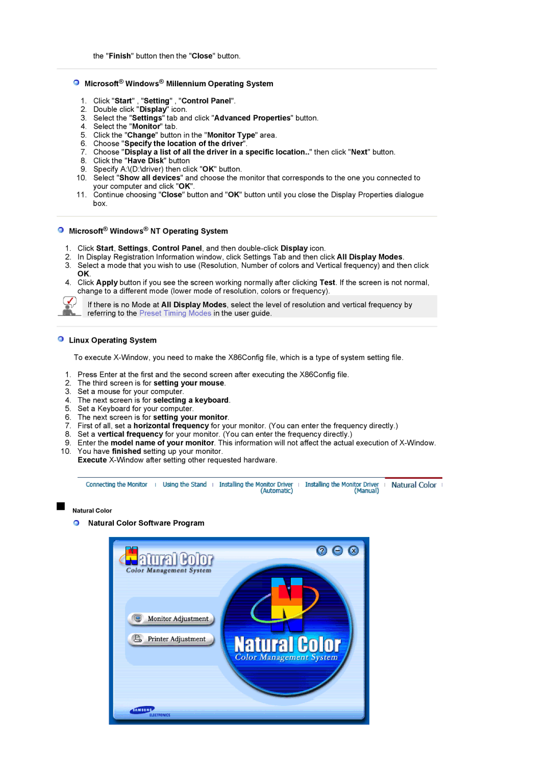 Samsung LS19RTUSS/EDC manual Microsoft Windows NT Operating System, Linux Operating System, Natural Color Software Program 