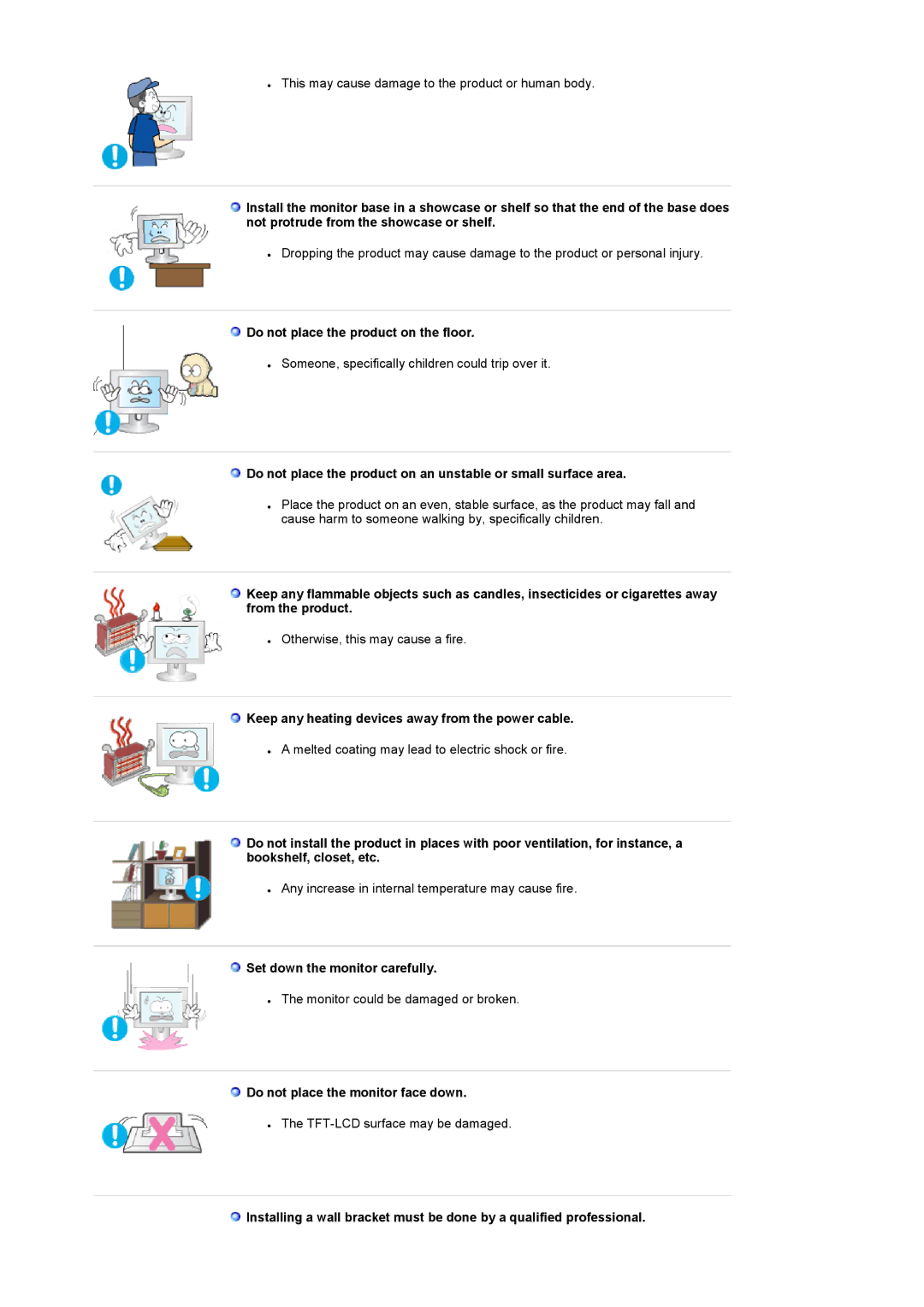 Samsung LS19RTUSS/EDC manual Do not place the product on the floor, Keep any heating devices away from the power cable 