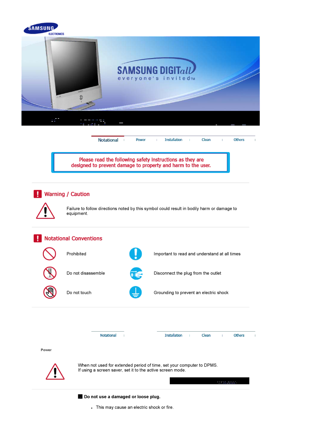 Samsung LS19RTUSS/EDC, LS19RTUSS/XSG manual Do not use a damaged or loose plug 