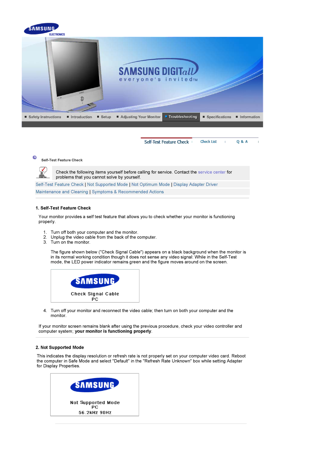 Samsung LS19RTUSS/XSG, LS19RTUSS/EDC manual Self-Test Feature Check, Not Supported Mode 