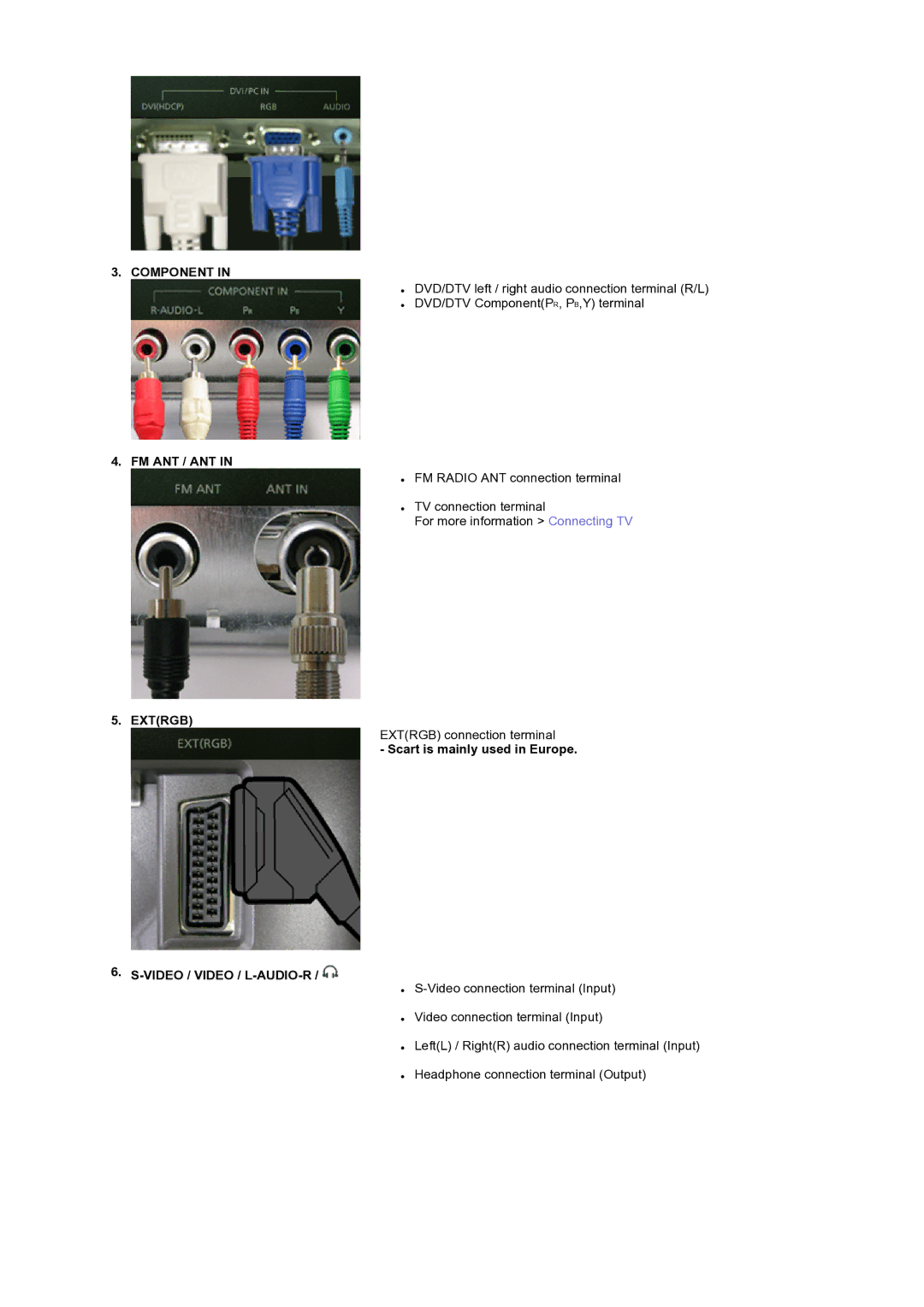 Samsung LS19RTUSS/EDC manual Component, Fm Ant / Ant, Extrgb, Scart is mainly used in Europe, Video / Video / L-AUDIO-R 