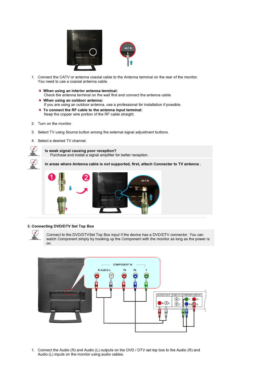 Samsung LS19RTUSS/XSG, LS19RTUSS/EDC manual When using an interior antenna terminal, When using an outdoor antenna 