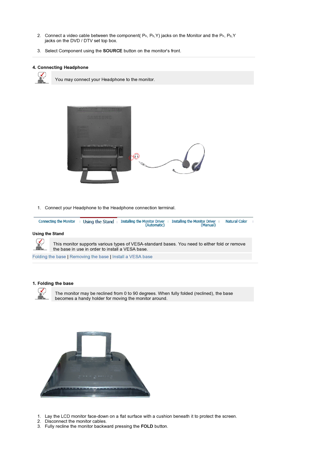 Samsung LS19RTUSS/EDC, LS19RTUSS/XSG manual Connecting Headphone, Folding the base 