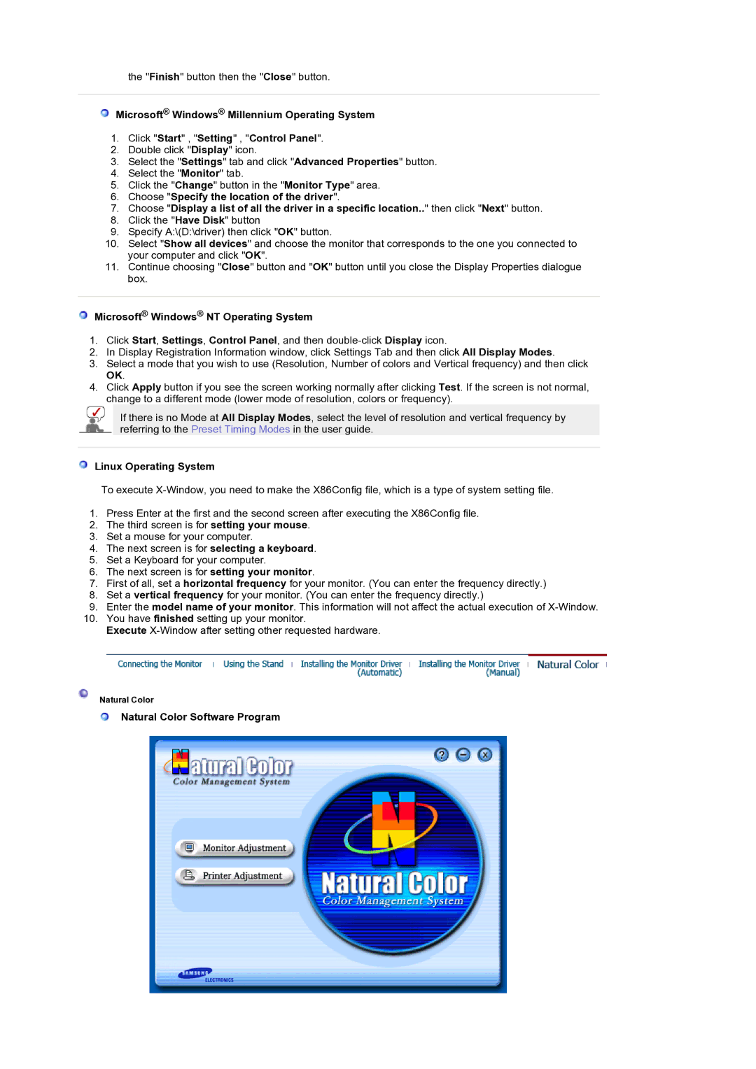 Samsung LS19RTUSS/EDC manual Microsoft Windows NT Operating System, Linux Operating System, Natural Color Software Program 