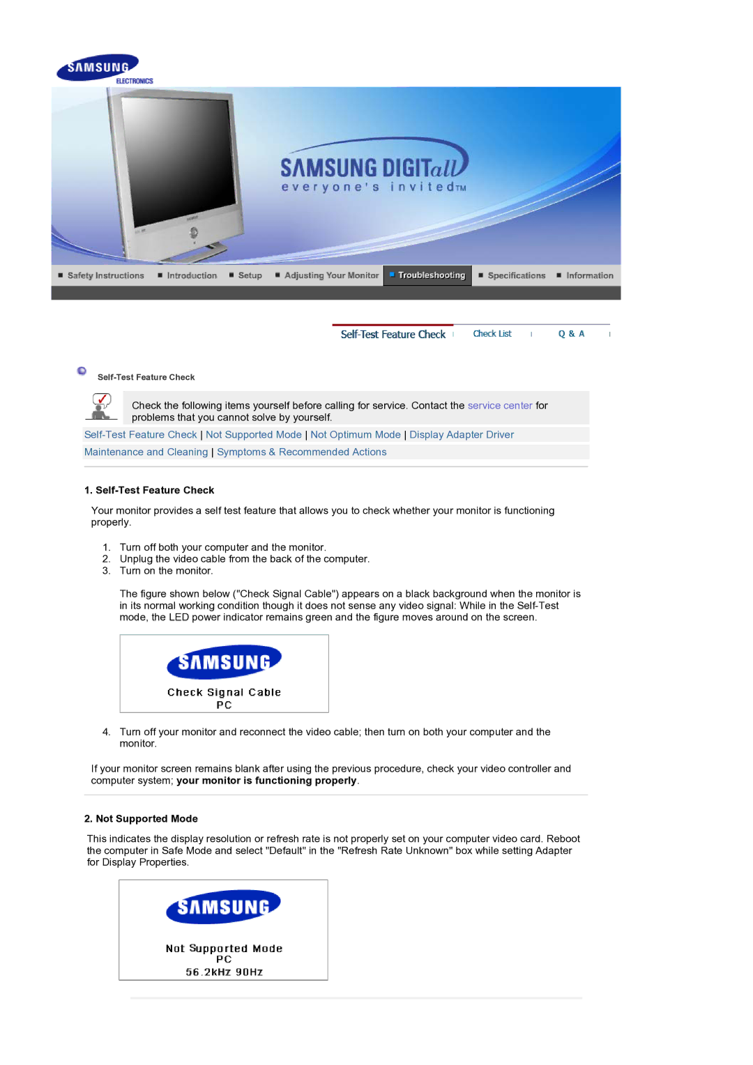 Samsung LS19RTUSS/XSG, LS19RTUSS/EDC manual Self-Test Feature Check, Not Supported Mode 