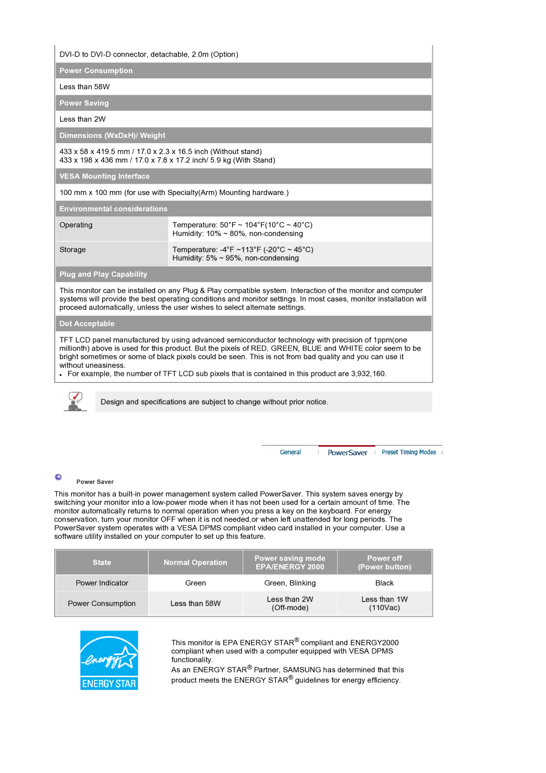 Samsung LS19RTUSS/XSG Power Consumption, Power Saving, Dimensions WxDxH/ Weight, Vesa Mounting Interface, Dot Acceptable 