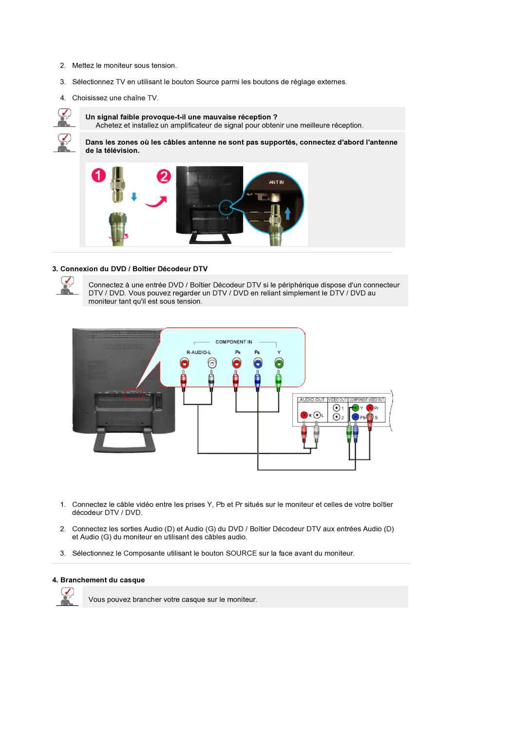 Samsung LS19RTUSS/EDC manual Un signal faible provoque-t-il une mauvaise réception ?, Branchement du casque 