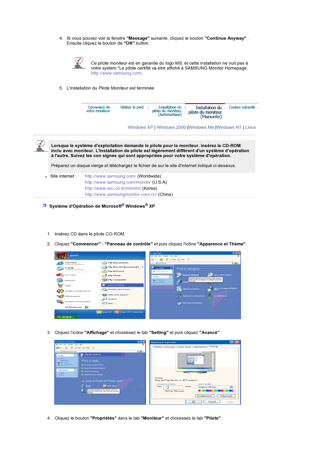 Samsung LS19RTUSS/EDC Windows XP Windows 2000 Windows Me Windows NT Linux, Système dOpération de Microsoft Windows XP 