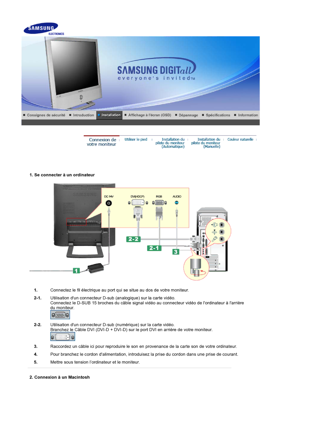 Samsung LS19RTUSS/EDC manual Se connecter à un ordinateur, Connexion à un Macintosh 