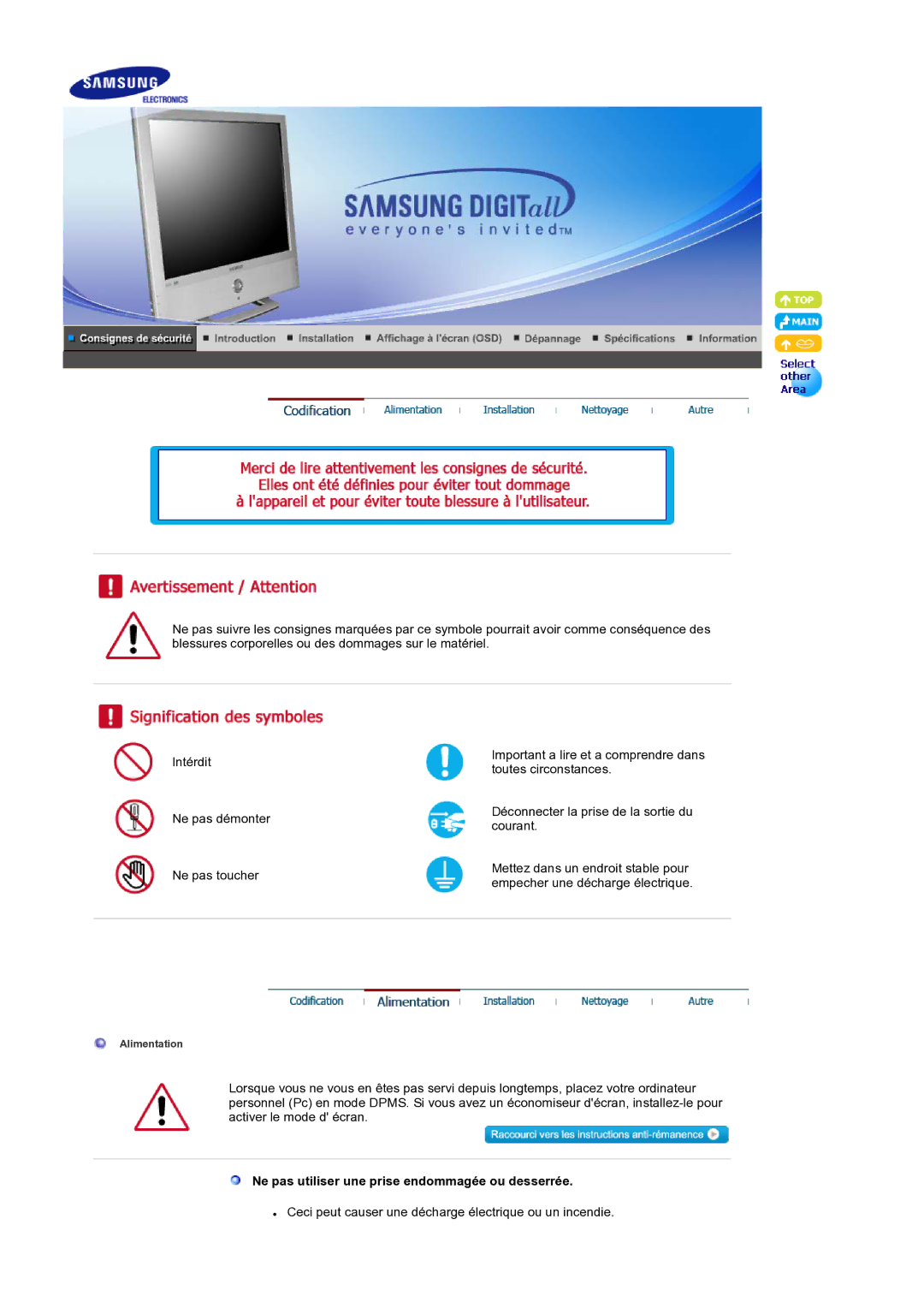 Samsung LS19RTUSS/EDC manual Ne pas utiliser une prise endommagée ou desserrée 