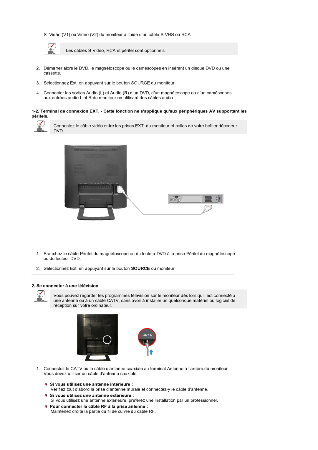 Samsung LS19RTUSS/EDC manual Se connecter à une télévision, Si vous utilisez une antenne intérieure 