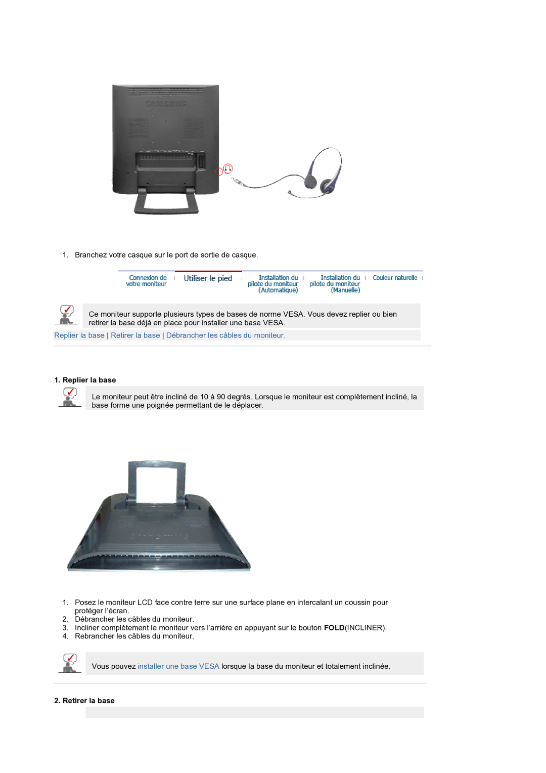 Samsung LS19RTUSS/EDC manual Replier la base, Retirer la base 