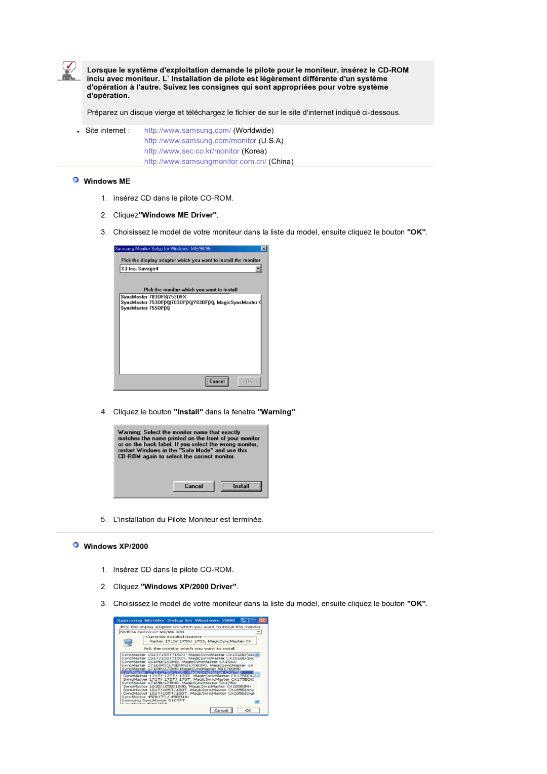 Samsung LS19RTUSS/EDC manual CliquezWindows ME Driver, Cliquez Windows XP/2000 Driver 