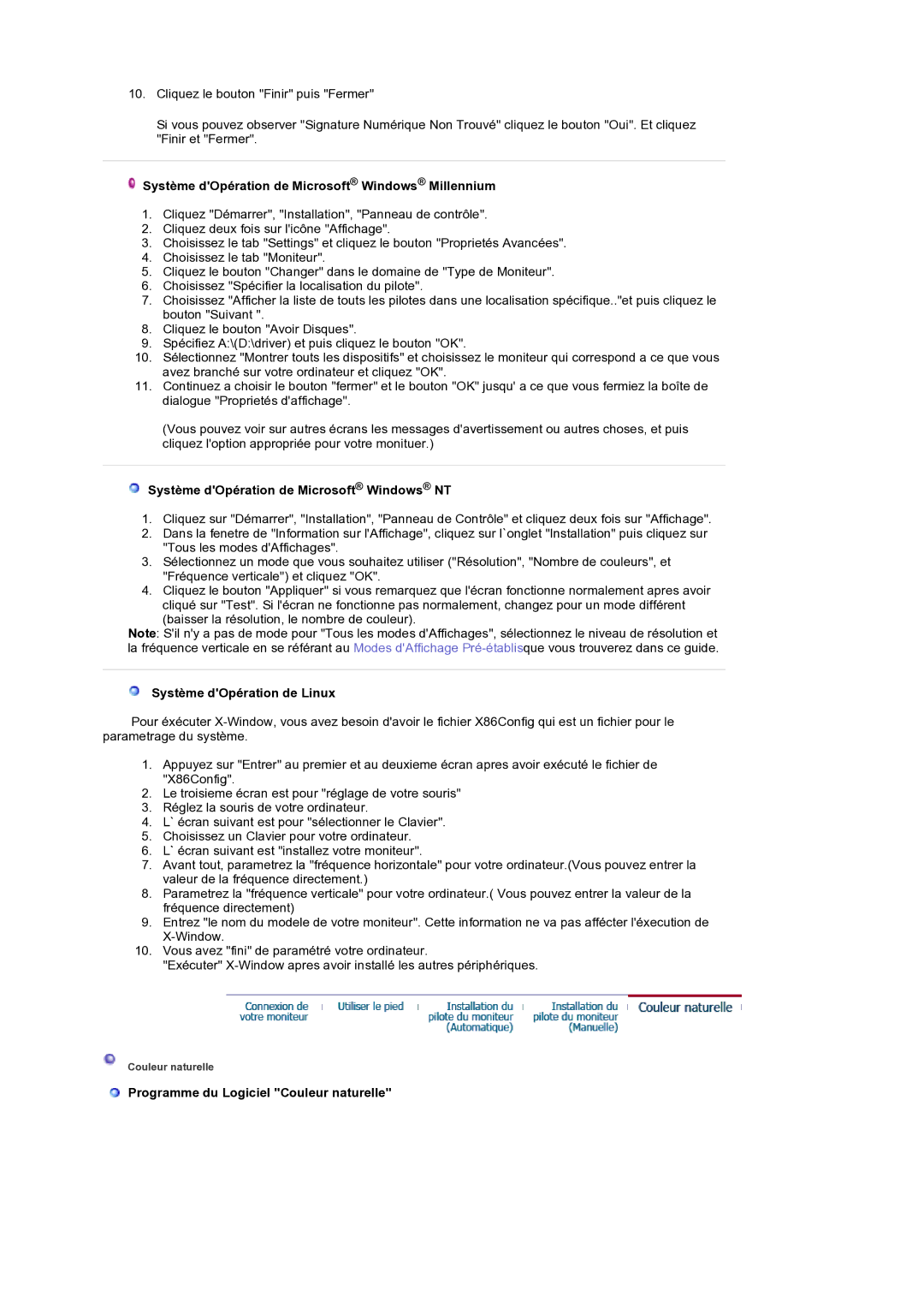 Samsung LS19RTUSS/EDC manual Système dOpération de Microsoft Windows Millennium, Système dOpération de Microsoft Windows NT 