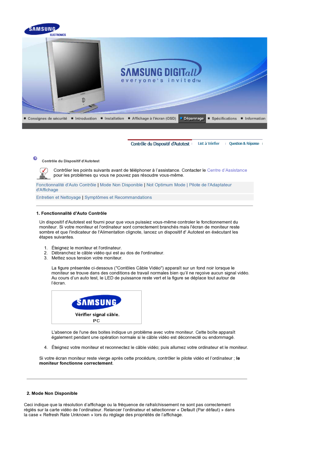 Samsung LS19RTUSS/EDC manual Fonctionnalité dAuto Contrôle, Mode Non Disponible 