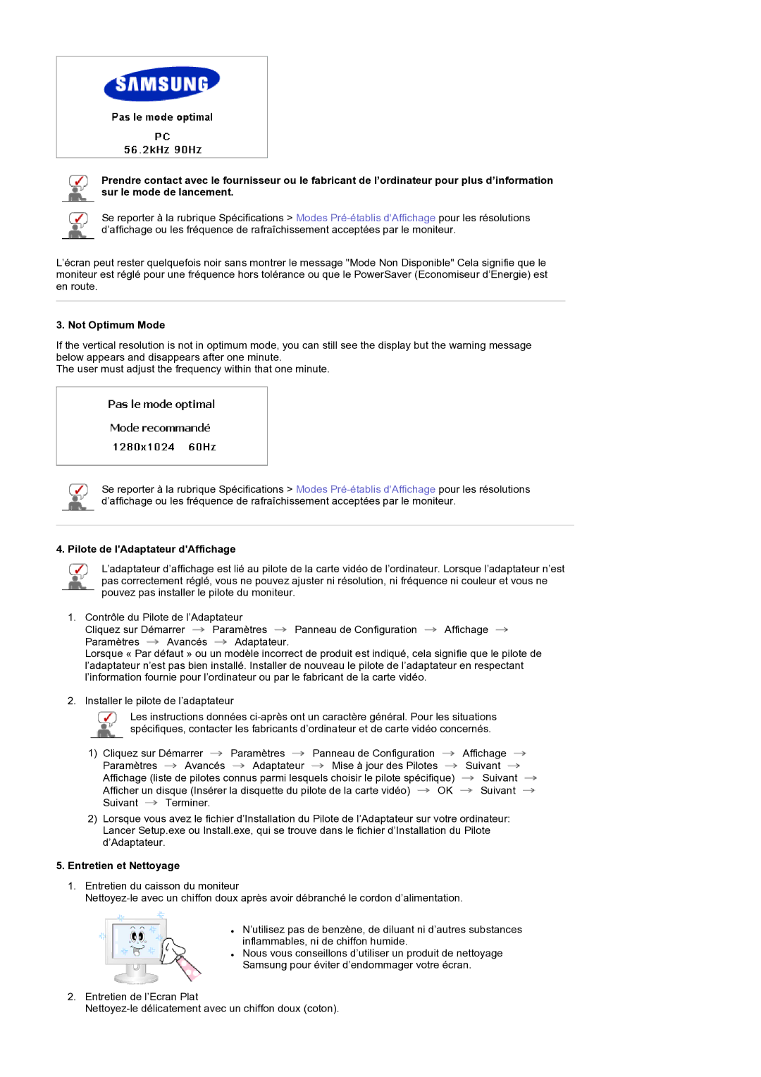 Samsung LS19RTUSS/EDC manual Not Optimum Mode, Pilote de lAdaptateur dAffichage, Entretien et Nettoyage 