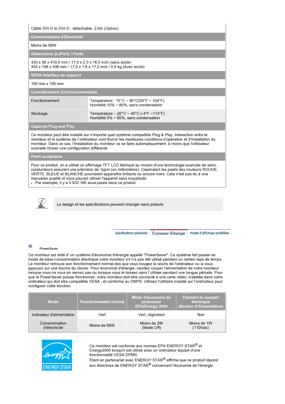 Samsung LS19RTUSS/EDC manual Consommation dÉlectricité 