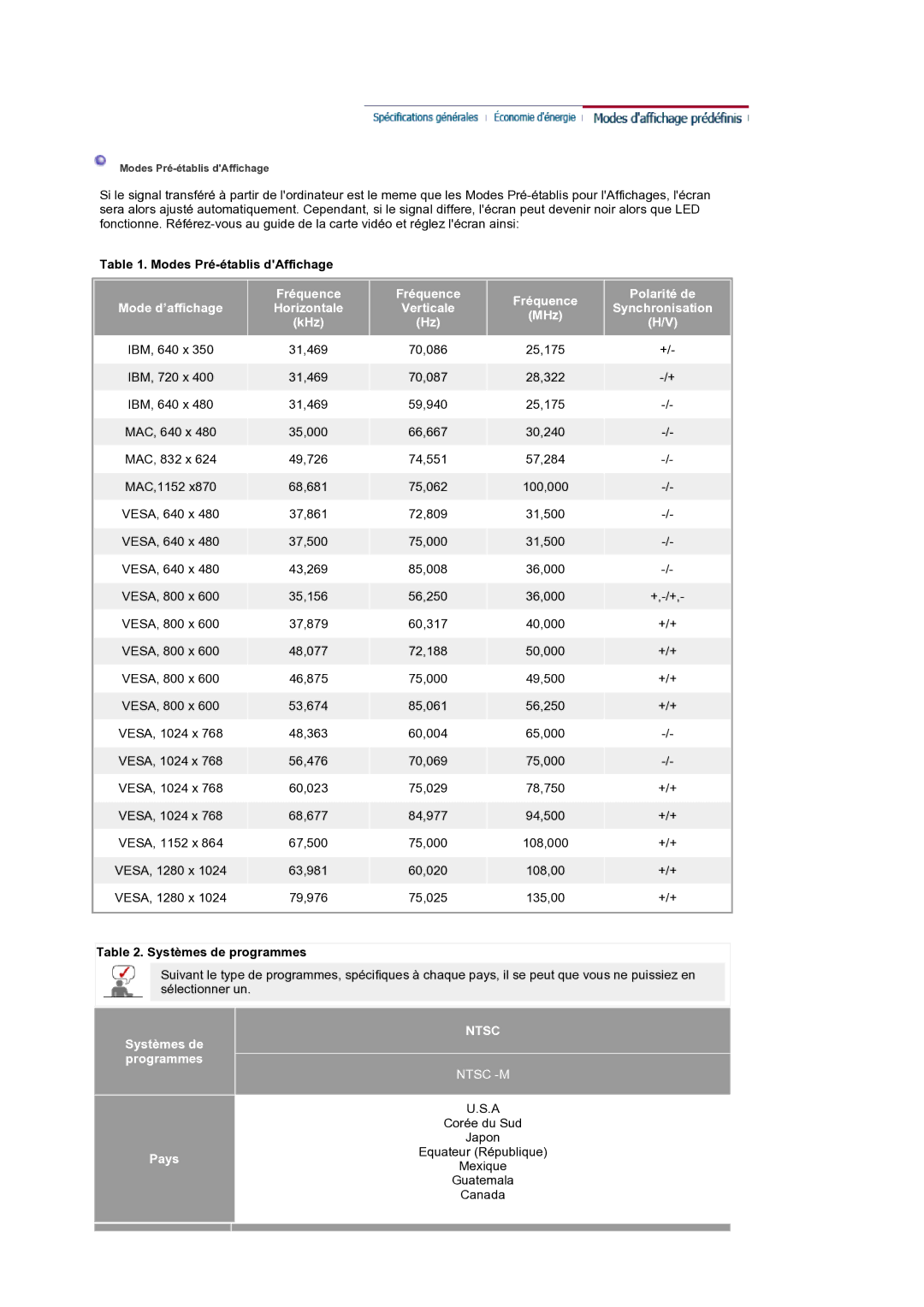 Samsung LS19RTUSS/EDC manual Modes Pré-établis dAffichage, Systèmes de programmes 