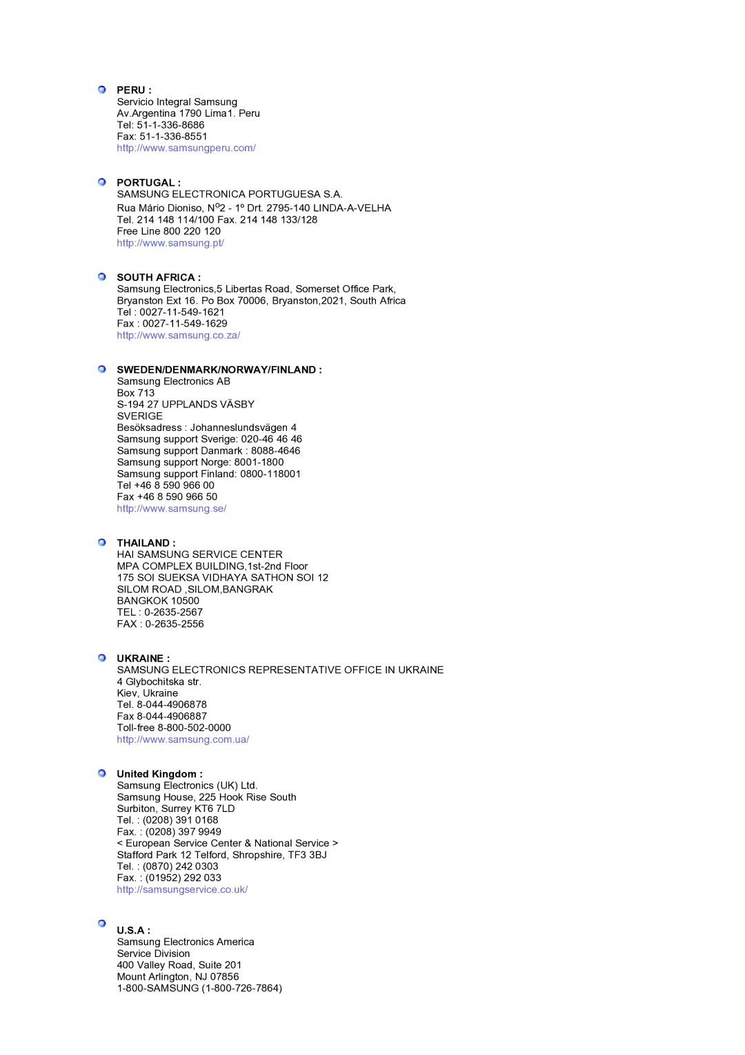 Samsung LS19RTUSS/EDC manual Peru, Portugal, South Africa, Sweden/Denmark/Norway/Finland, Thailand, Ukraine 