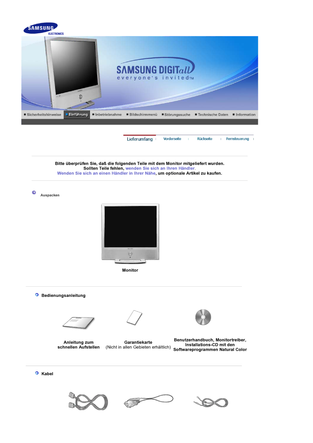 Samsung LS19RTUSS/EDC manual Monitor Bedienungsanleitung, Nicht in allen Gebieten erhältlich, Kabel 