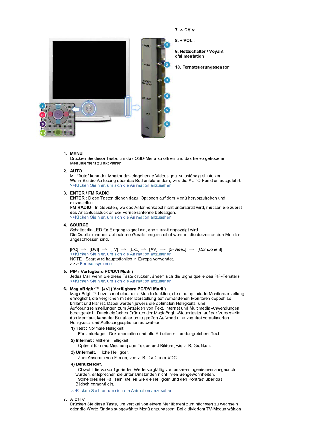 Samsung LS19RTUSS/EDC Menu, Enter / FM Radio, PIP Verfügbare PC/DVI Modi, MagicBright Verfügbare PC/DVI Modi, Benutzerdef 