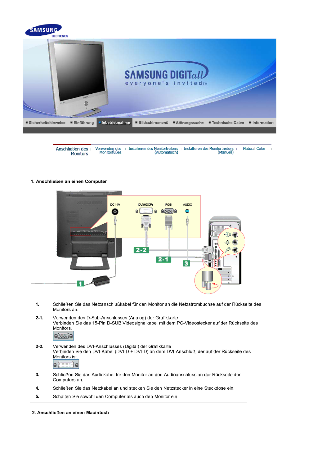 Samsung LS19RTUSS/EDC manual Anschließen an einen Computer, Anschließen an einen Macintosh 