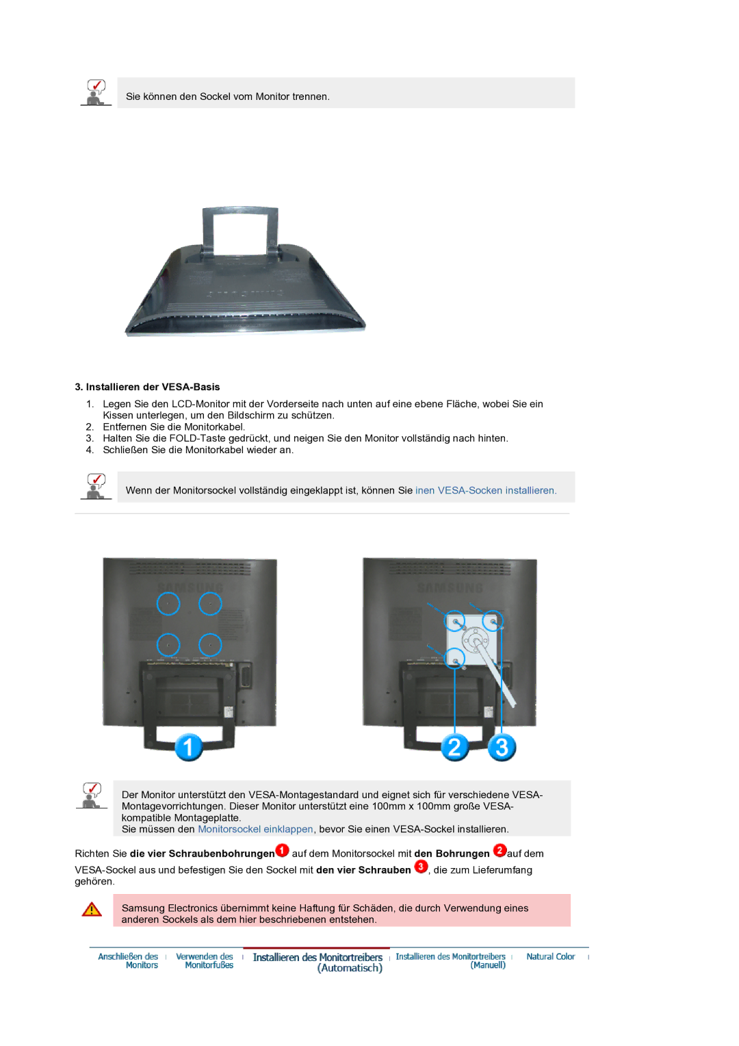 Samsung LS19RTUSS/EDC manual Installieren der VESA-Basis 