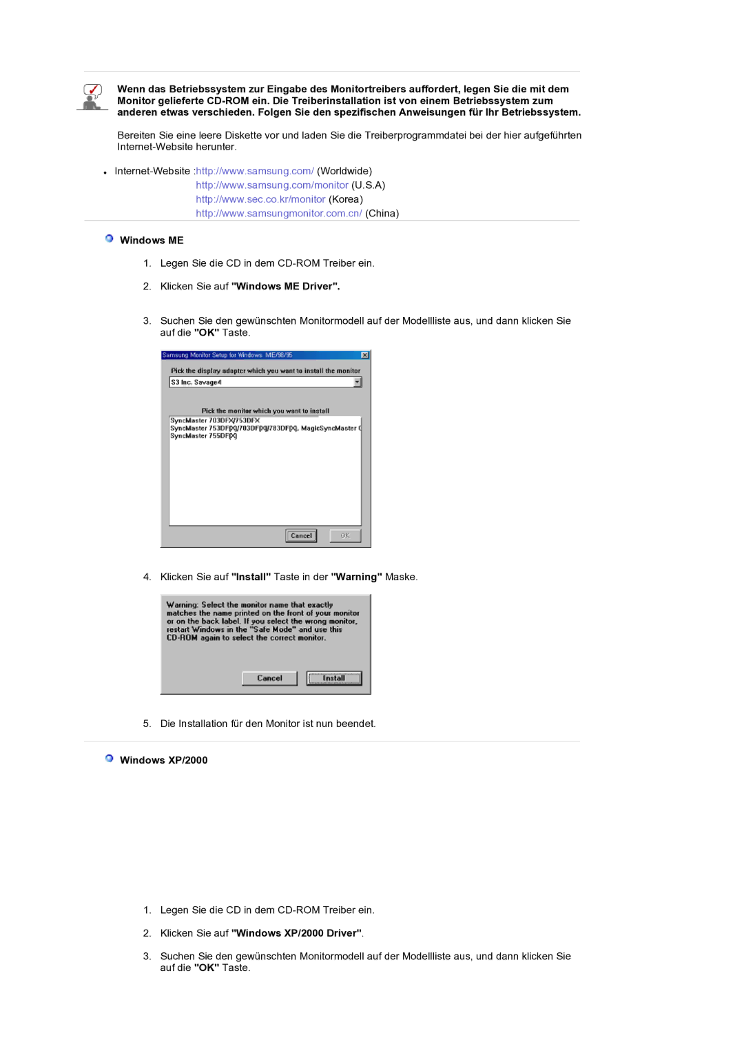 Samsung LS19RTUSS/EDC manual Klicken Sie auf Windows ME Driver, Klicken Sie auf Windows XP/2000 Driver 