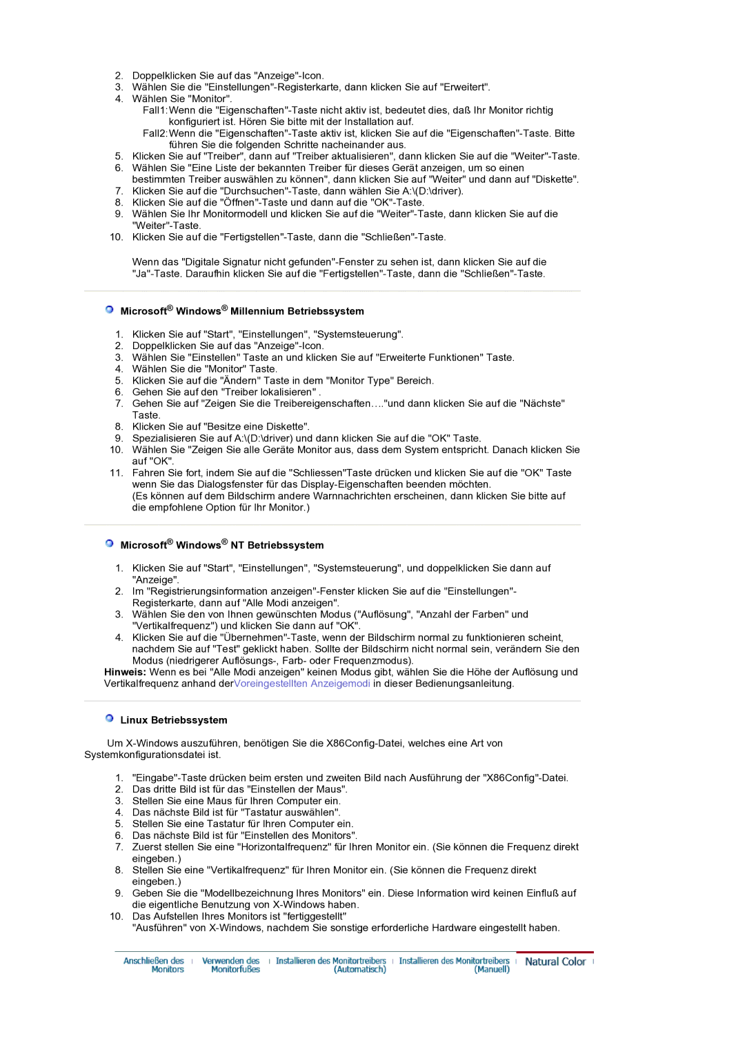 Samsung LS19RTUSS/EDC manual Microsoft Windows Millennium Betriebssystem, Microsoft Windows NT Betriebssystem 