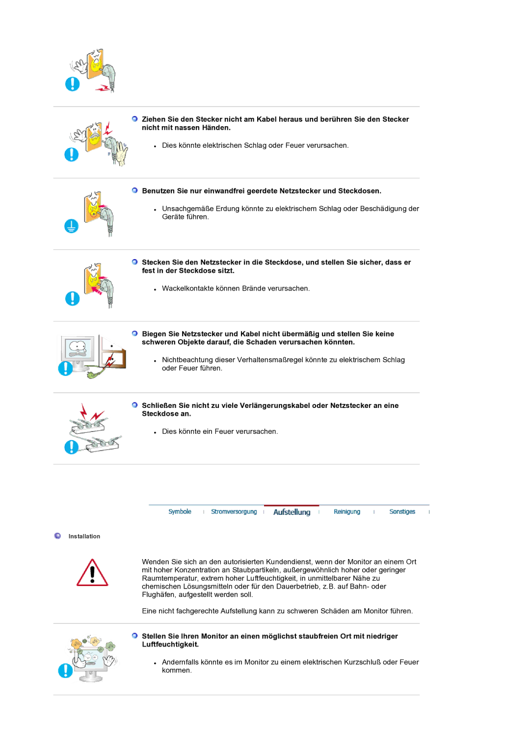 Samsung LS19RTUSS/EDC manual Wackelkontakte können Brände verursachen 