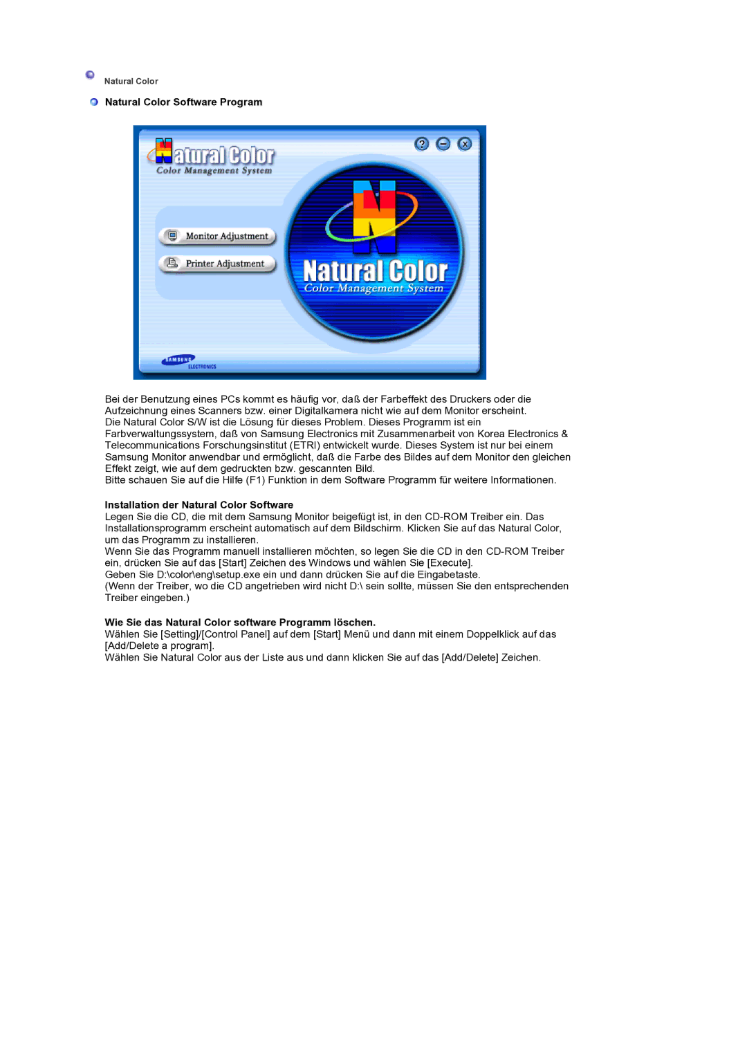 Samsung LS19RTUSS/EDC manual Natural Color Software Program, Installation der Natural Color Software 