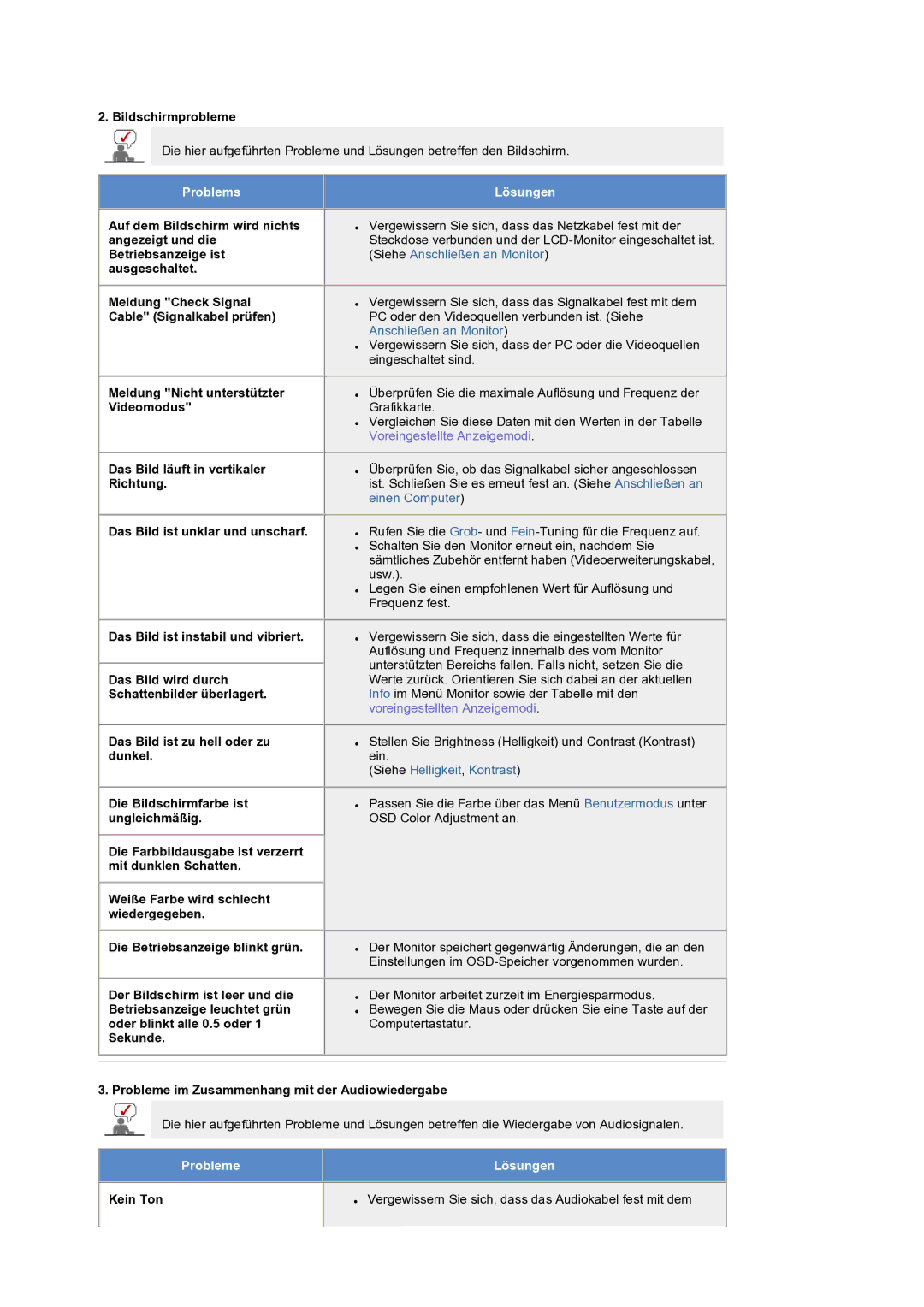 Samsung LS19RTUSS/EDC manual Bildschirmprobleme, Probleme im Zusammenhang mit der Audiowiedergabe 