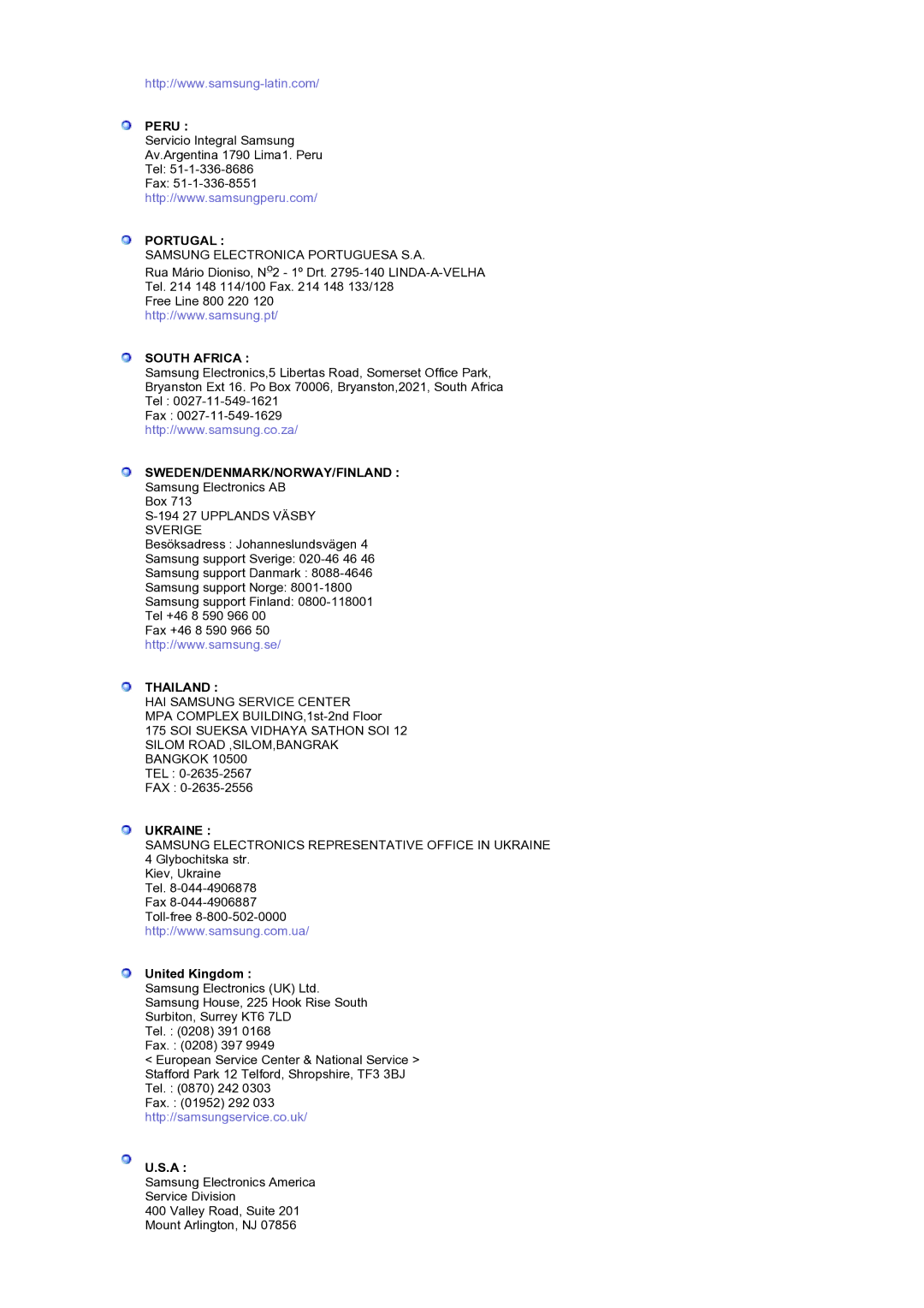 Samsung LS19RTUSS/EDC manual Peru, Portugal, South Africa, Sweden/Denmark/Norway/Finland, Thailand, Ukraine 