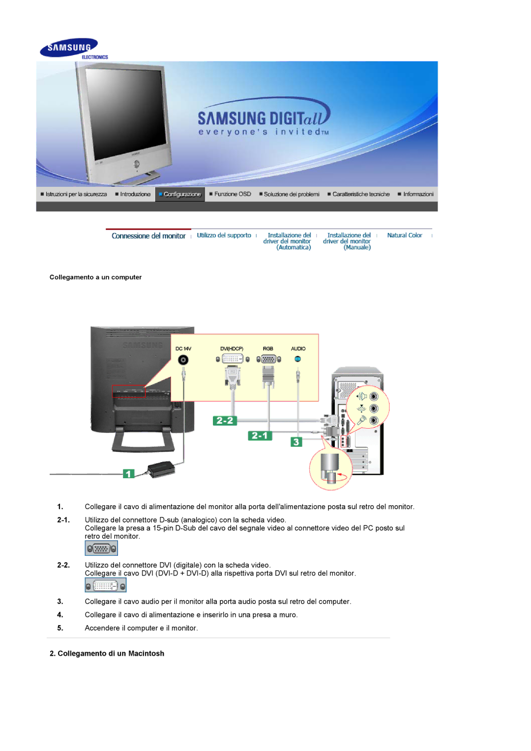 Samsung LS19RTUSS/EDC manual Collegamento di un Macintosh 