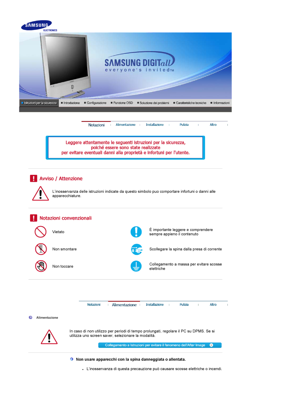 Samsung LS19RTUSS/EDC manual Non usare apparecchi con la spina danneggiata o allentata 