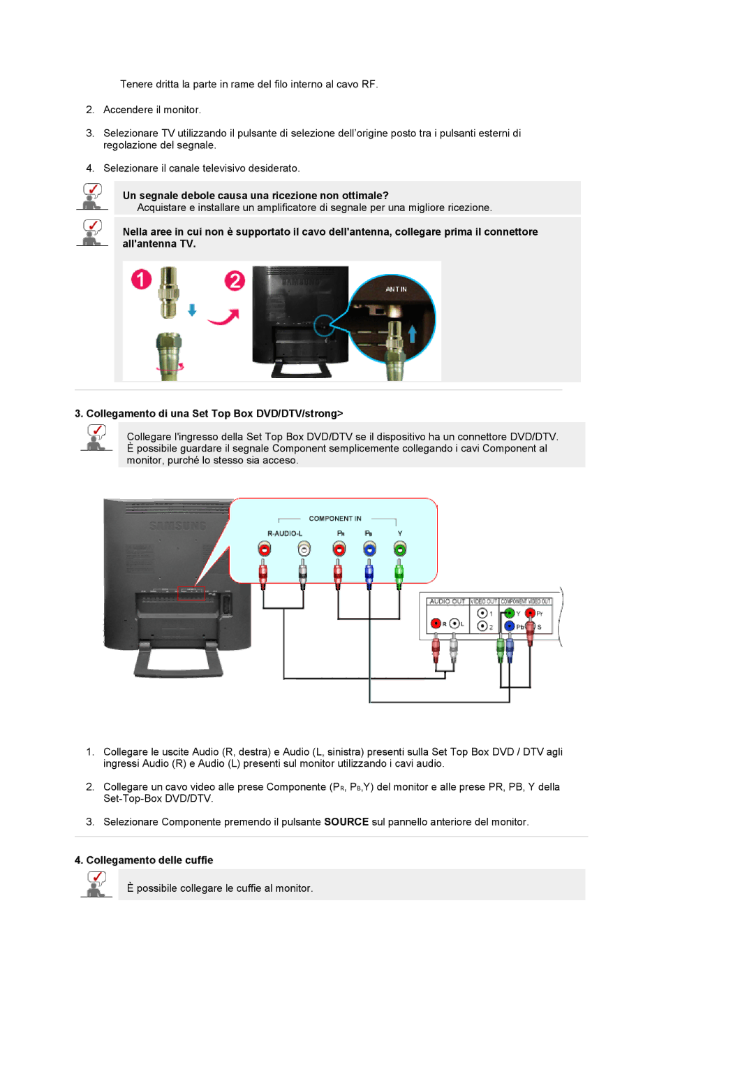 Samsung LS19RTUSS/EDC manual Un segnale debole causa una ricezione non ottimale?, Collegamento delle cuffie 