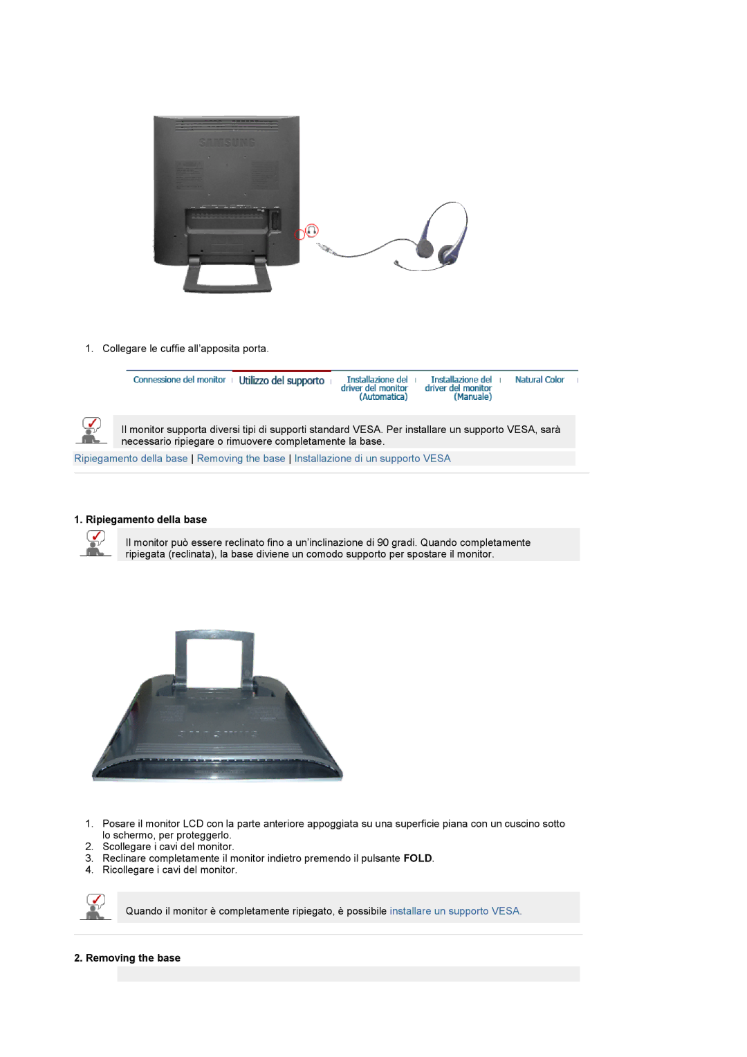 Samsung LS19RTUSS/EDC manual Ripiegamento della base, Removing the base 