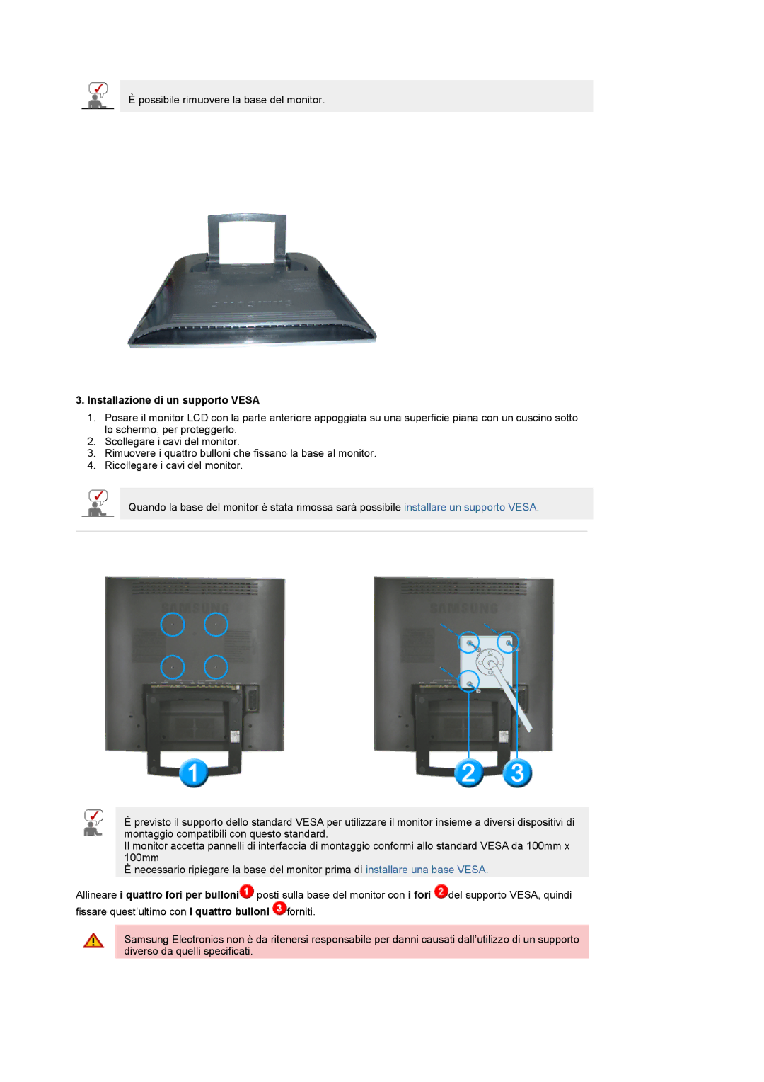 Samsung LS19RTUSS/EDC manual Installazione di un supporto Vesa 