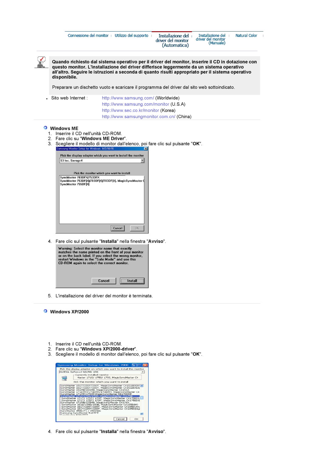 Samsung LS19RTUSS/EDC manual Fare clic su Windows ME Driver, Fare clic su Windows XP/2000-driver 