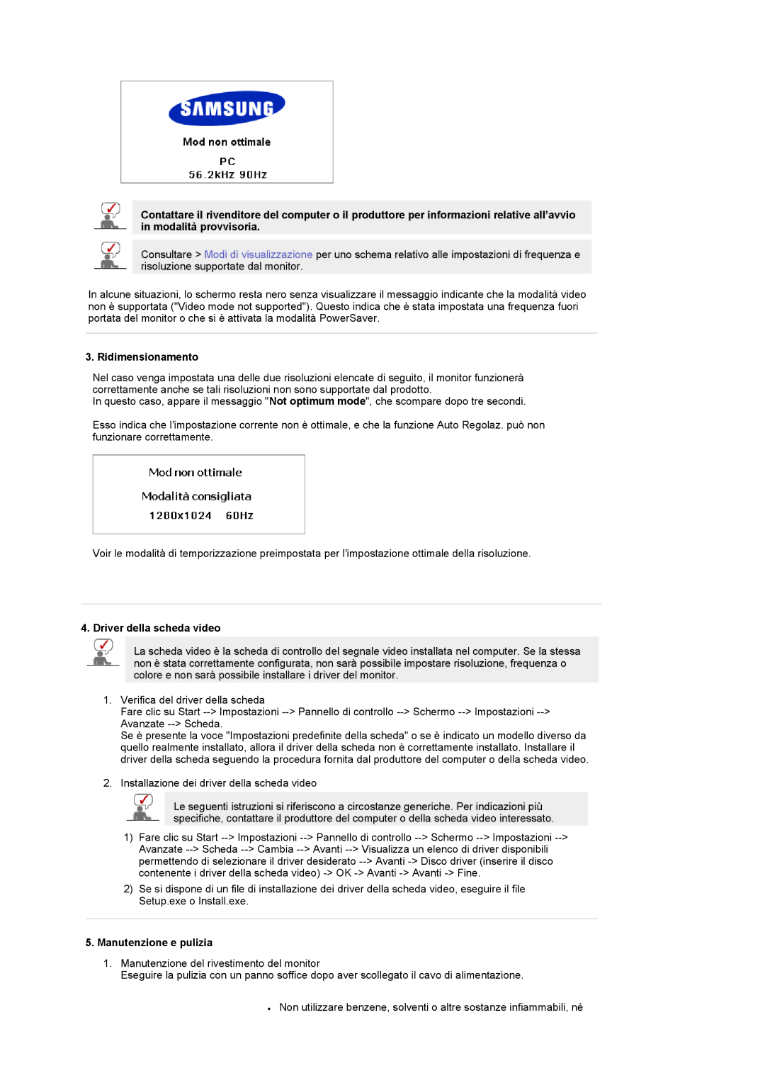 Samsung LS19RTUSS/EDC manual Ridimensionamento, Driver della scheda video, Manutenzione e pulizia 