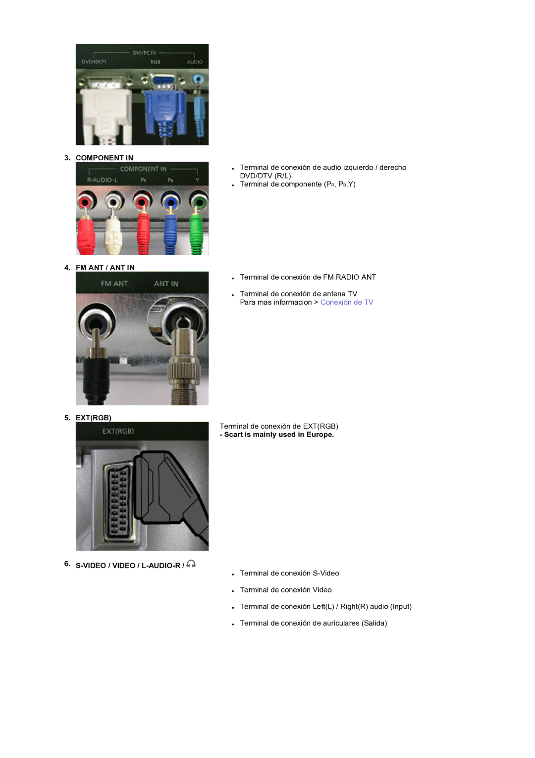 Samsung LS19RTUSS/EDC manual Component, Fm Ant / Ant, Extrgb, Scart is mainly used in Europe, Video / Video / L-AUDIO-R 