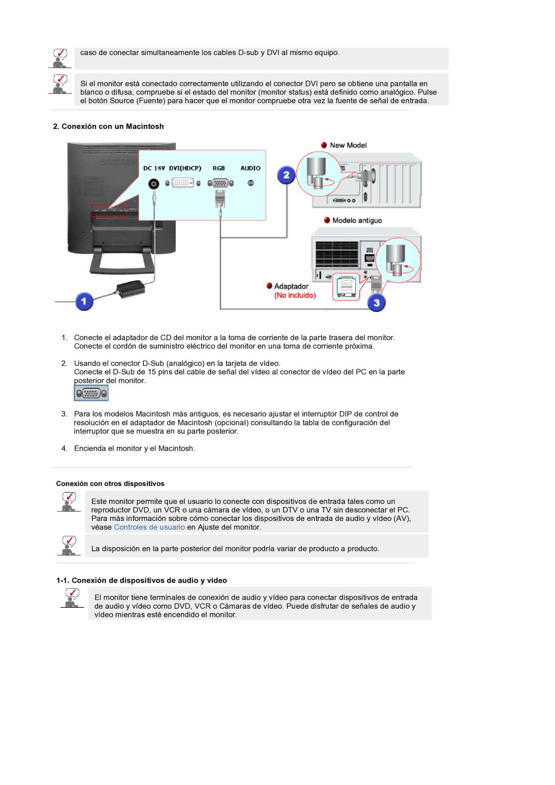 Samsung LS19RTUSS/EDC manual Conexión con un Macintosh, Conexión de dispositivos de audio y vídeo 