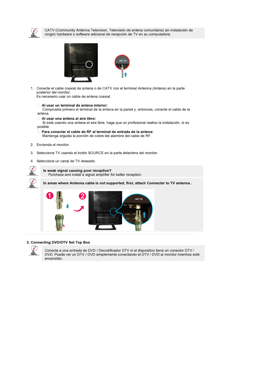 Samsung LS19RTUSS/EDC manual Al usar un terminal de antena interior, Al usar una antena al aire libre 