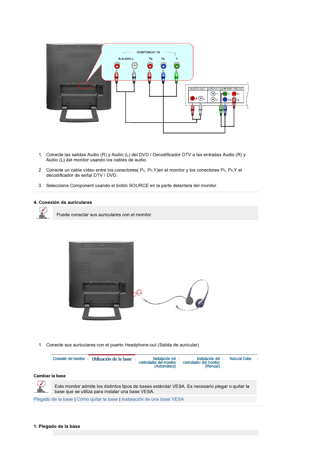 Samsung LS19RTUSS/EDC manual Conexión de auriculares, Plegado de la base 