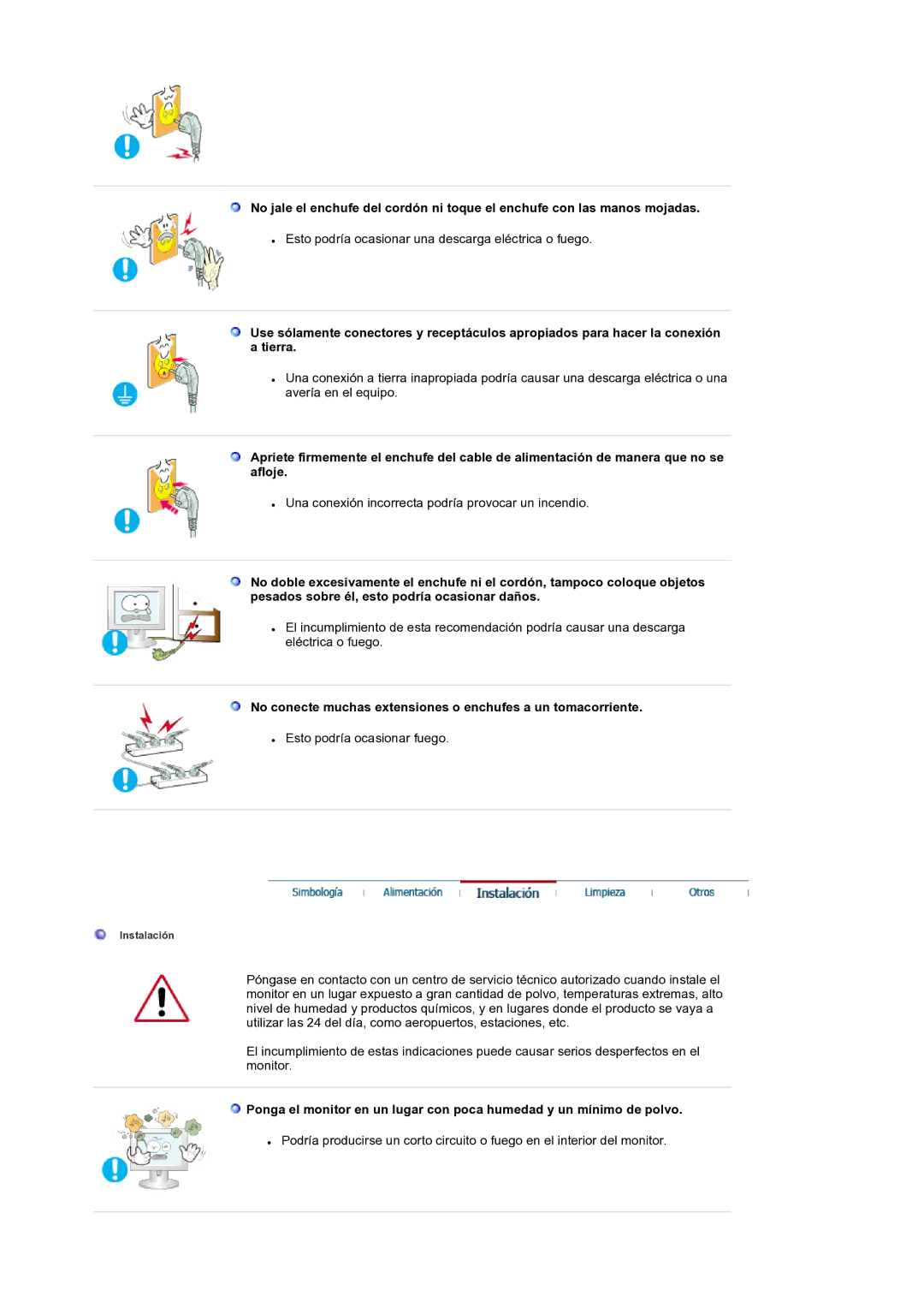 Samsung LS19RTUSS/EDC manual No conecte muchas extensiones o enchufes a un tomacorriente 