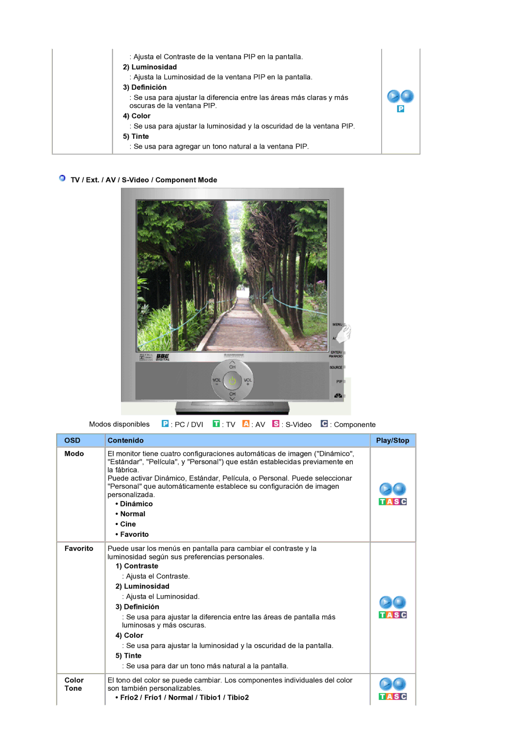 Samsung LS19RTUSS/EDC Definición, Color, Tinte, TV / Ext. / AV / S-Video / Component Mode, Dinámico Normal Cine Favorito 