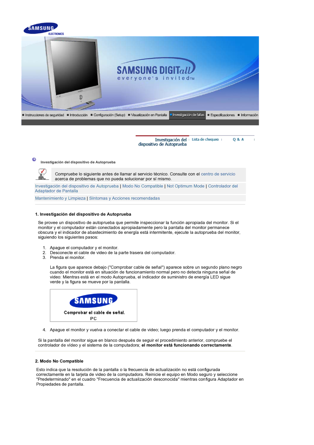 Samsung LS19RTUSS/EDC manual Investigación del dispositivo de Autoprueba, Modo No Compatible 