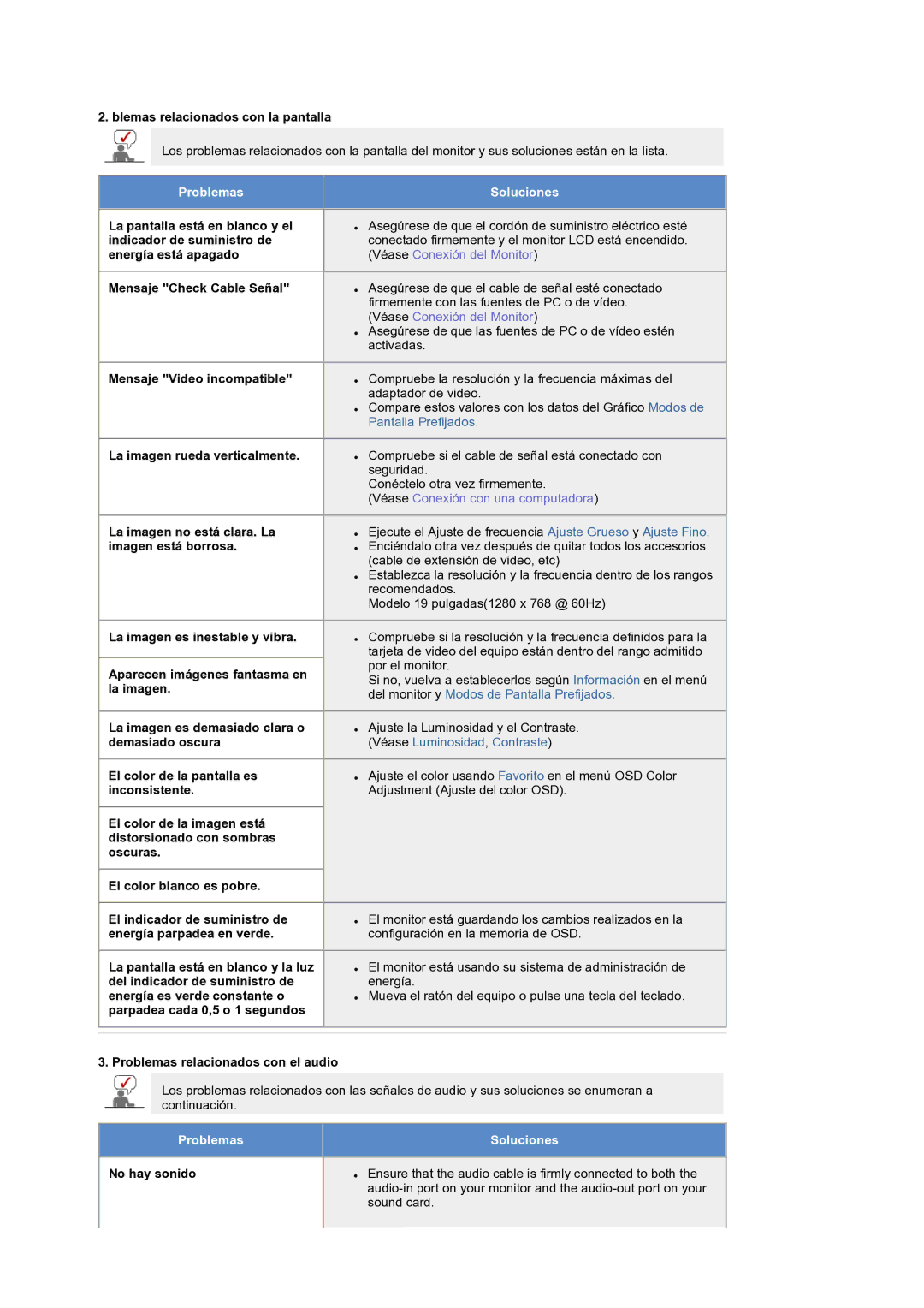 Samsung LS19RTUSS/EDC Blemas relacionados con la pantalla, La imagen no está clara. La imagen está borrosa, No hay sonido 